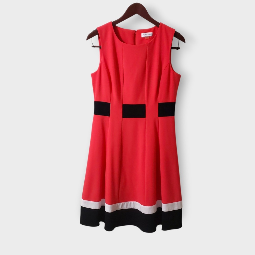 Calvin Klein Womens Colorblock Sleeveless Fit & Flare‎ Dress Coral Black Size 8